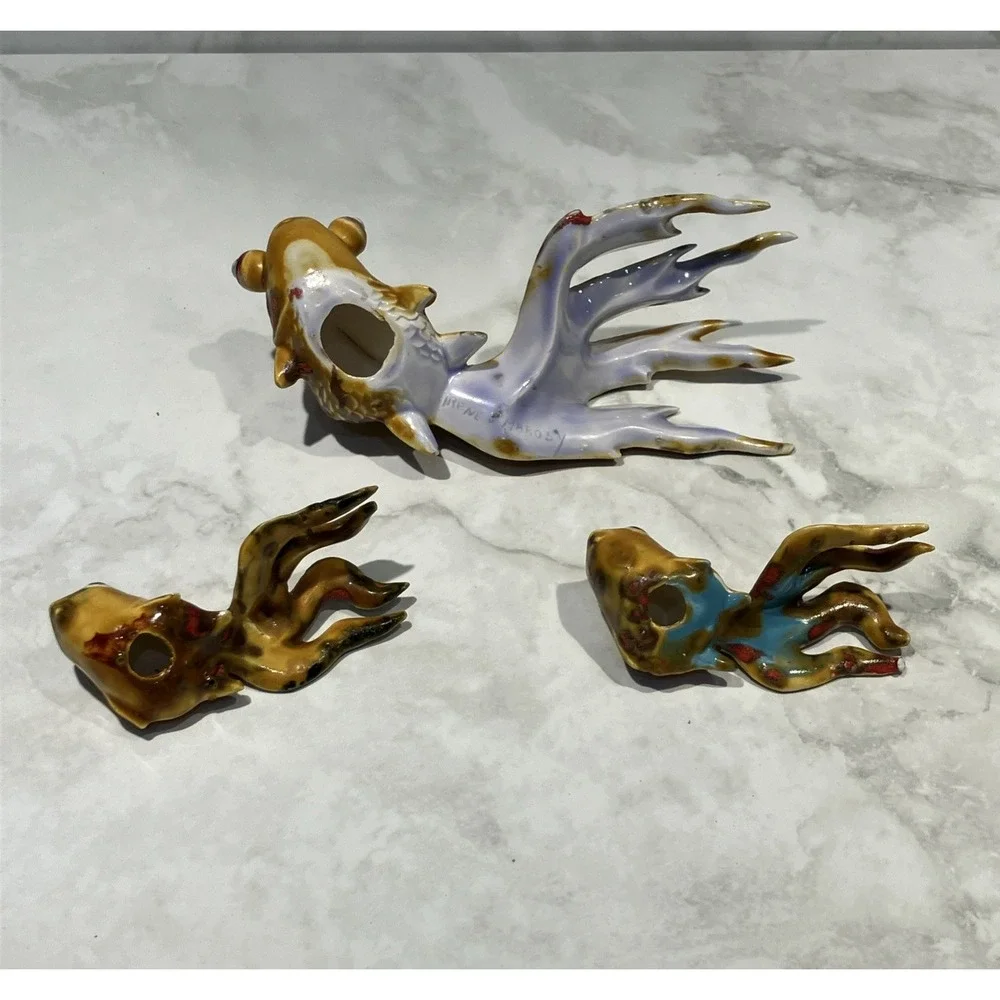 Set of 3 Koi Fish Ceramic Handcxrafted Gold Red Green Signed Irene Marosy